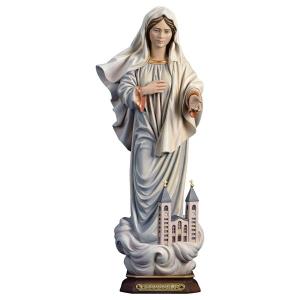 Madonna di Medjugorje con chiesa - Legno di tiglio scolpito