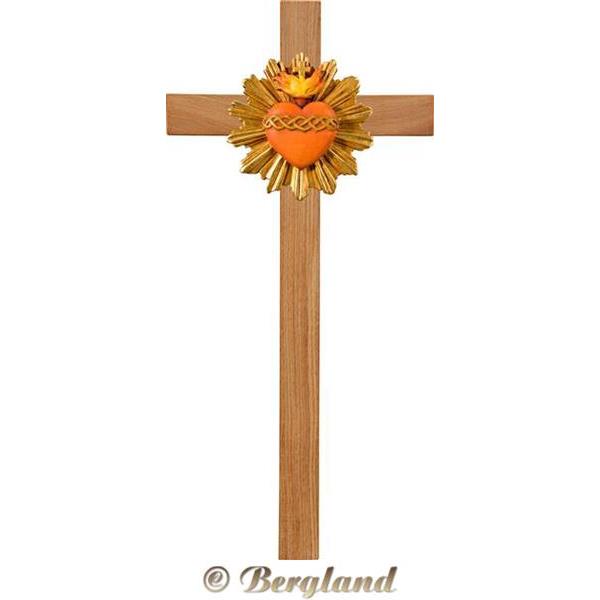 Sacro Cuore di Gesù con aureola su croce in rovere - colorato