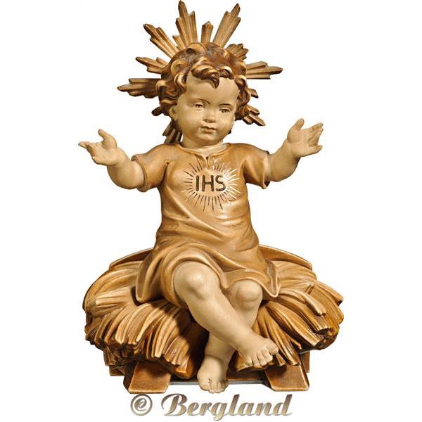 Gesù Bambino vestito "IHS" seduto su culla - brunito in più tinte